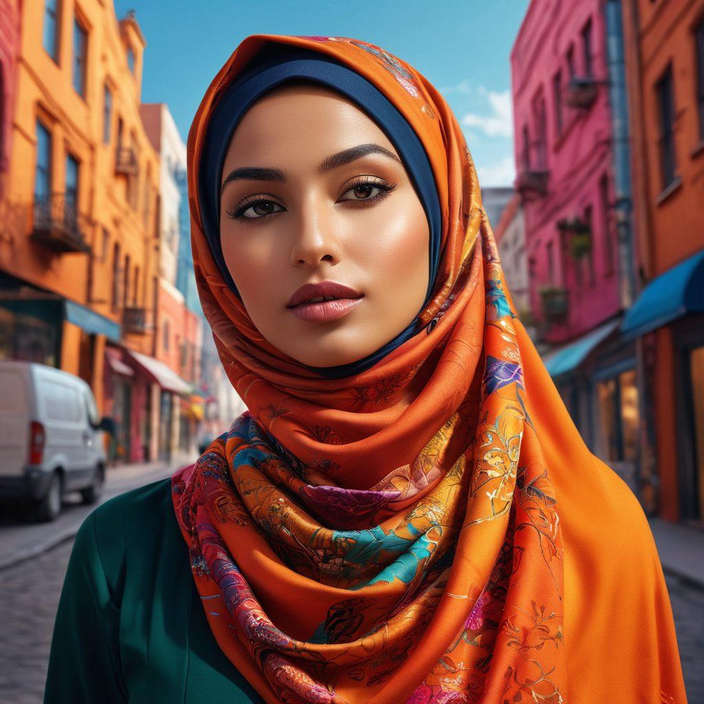 A stylish woman wearing a beautifully decorated hijab, exuding confidence and elegance, standing in a vibrant urban setting. The scene blends contemporary fashion with subtle, tasteful sensuality. Her expression is serene yet powerful, surrounded by soft, flowing fabrics that add to her allure. The background features modern cityscape elements without overshadowing her presence. super-realistic. vibrant colors.