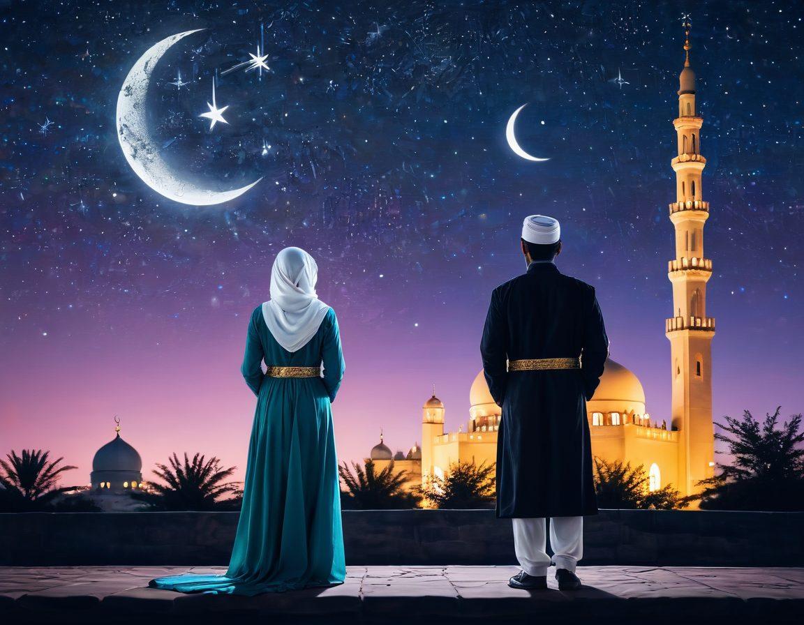 A Muslim couple in traditional yet modern attire, sharing a loving gaze under a star-lit sky, framed by a serene moon. Surround them with elements of faith, such as a calligraphy design, a mosque silhouette in the distance, and a subtle heart shape made of stars. painting. vibrant colors. soft focus.