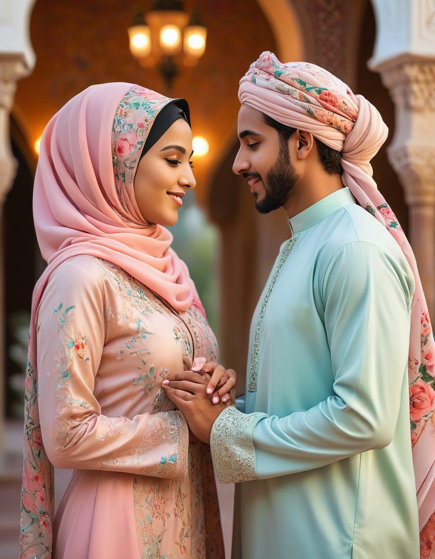 A graceful Muslim woman in a vibrant hijab, radiating confidence and elegance, holding hands with her partner in a serene romantic setting. The background includes soft, pastel tones with floral elements, symbolizing love and tranquility, while the couple's intimate connection is evident. The image should portray dignity, mutual respect, and cultural harmony. super-realistic. vibrant colors. soft lighting.